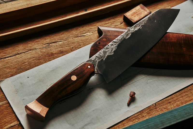 hand made high carbon custom chef knife with timber handle and saya sheath in collingwood melbourne australia