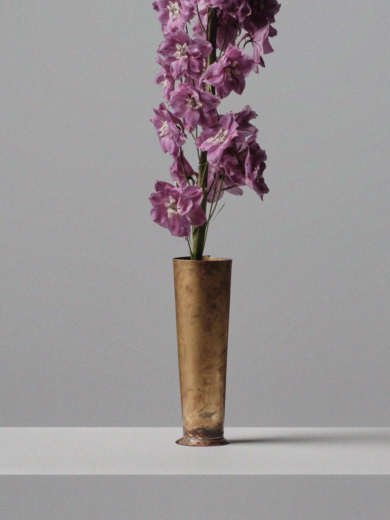 Tall handmade brass vase by 13 Knives Melbourne with purple delphinium flowers