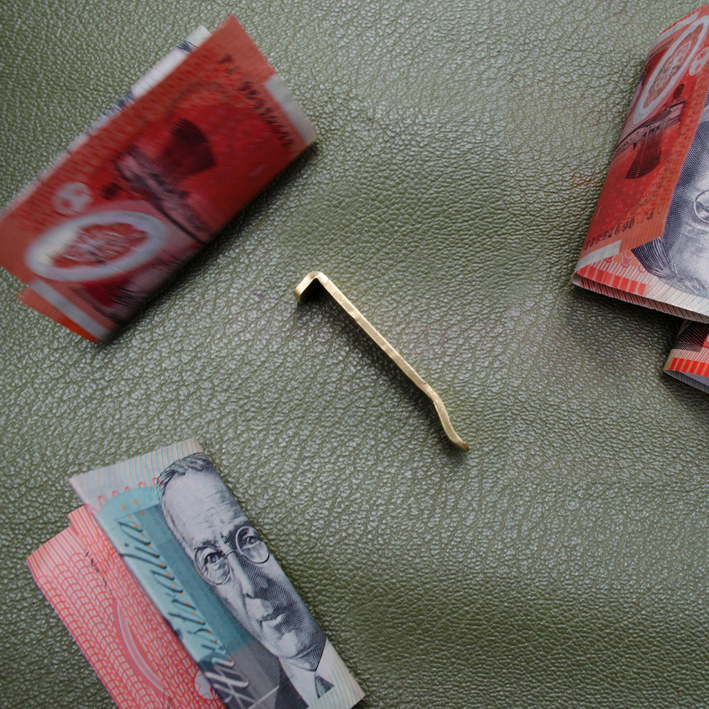 Hand made hand forged wallet money clip for him for her mens ladies notes bills brass stamped custom made in collingwood melbourne victoria australia by 13 knives thirteen knife